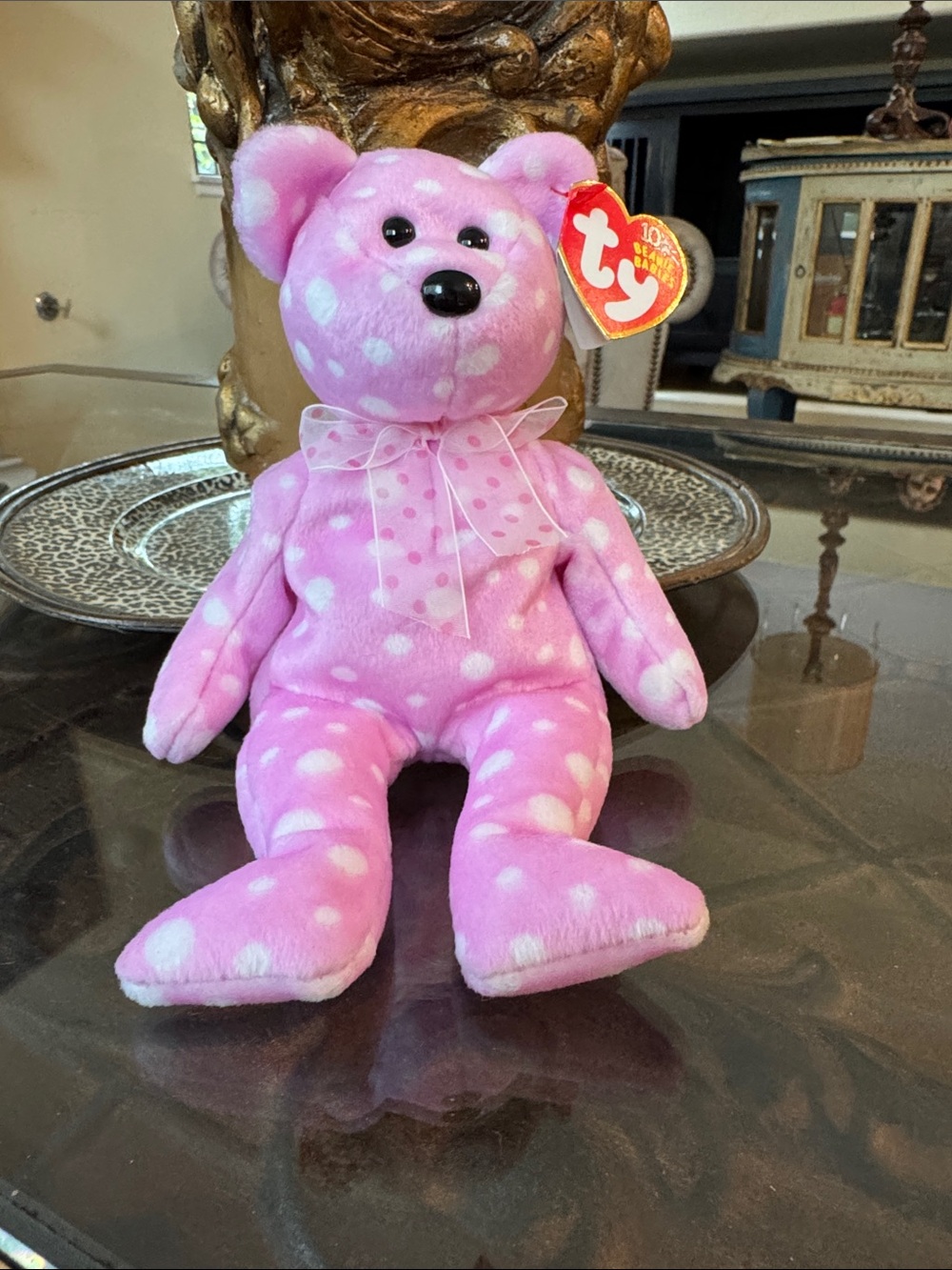 Ty Pink Polka Dot Plush Bear with Bow